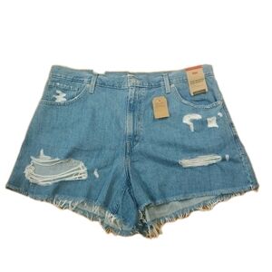 Levi's Jean Shorts Woman Plus Sz 20W Blue Distressed Denim High Waisted Mom New